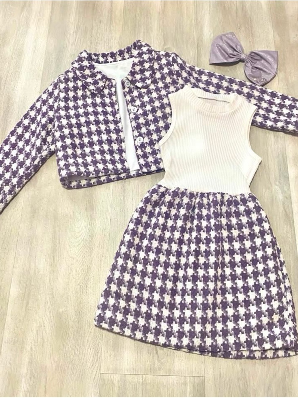 Girls' Purple Houndstooth Dress & Jacket Set
